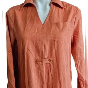 Beihong Long Sleeve Front slit Linen Blend dress Orange Size S